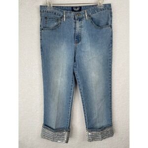 Angels Womens Size 14 Medium Wash Sequin Cuff Embellished Cropped Capri Jeans
